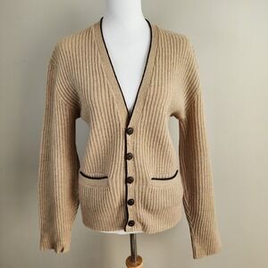VTG 1960s Sedgewick Cardigan Sweater Large 100% Shetland Wool Ribbed Knit Tan